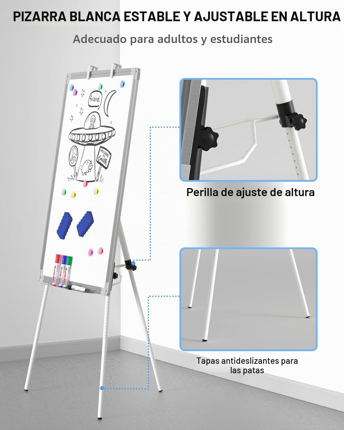 Nicpro Pizarra blanca con soporte, 90 x 60 cm, pizarra blanca magnética de borrado en seco con 4 bolígrafos, borrador, imán, rotafolio, altura ajustable, caballete de escritura portátil para