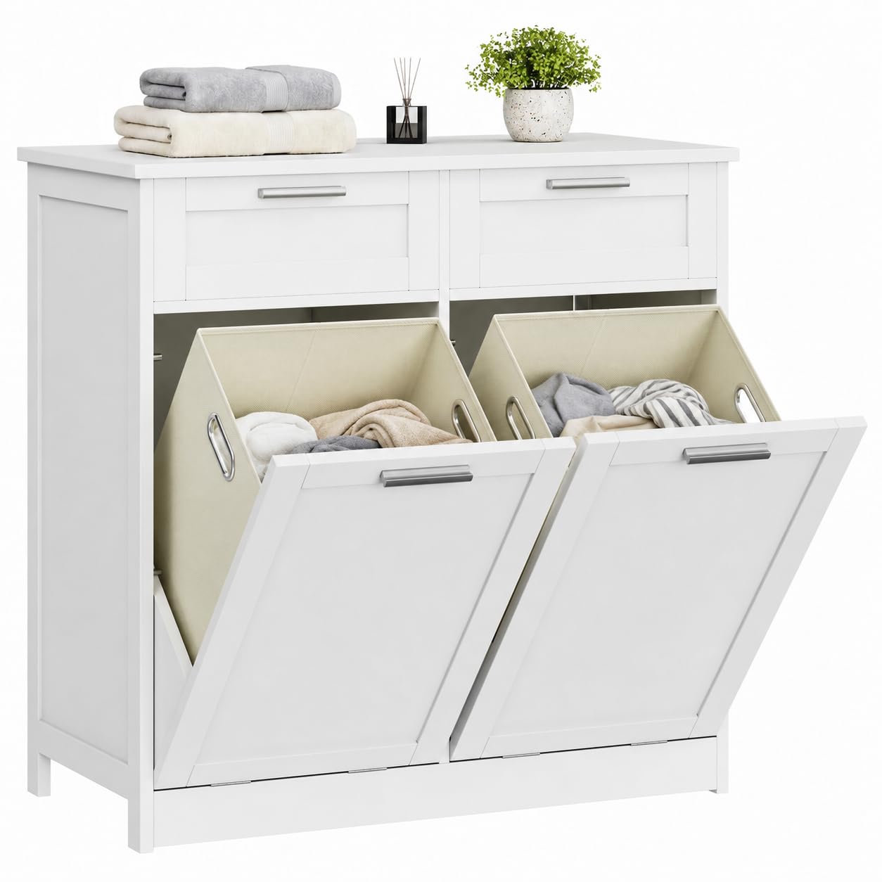 APICIZON Badezimmerschrank mit Wäschekorb, Wäscheschrank mit 2 Schubladen | 2 seitlich ausziehbaren Wäscheboxen, 2 faltbaren Wäschesäcken, Badezimmermöbel für Bad und Waschküche, 80×40×80cm, Weiß