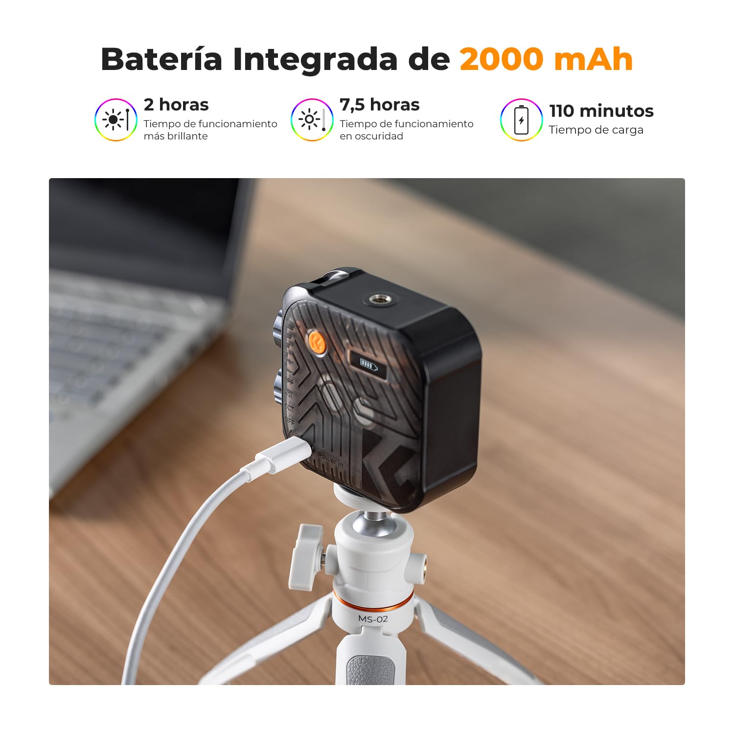 K&F CONCEPT Luz de Vídeo RGB 360° 2500K-9900K para Fotografía | 60 LED, 21 efectos luz, CRI 96+, batería 2000mAh, mini portable, vlogging selfie, negro, L01
