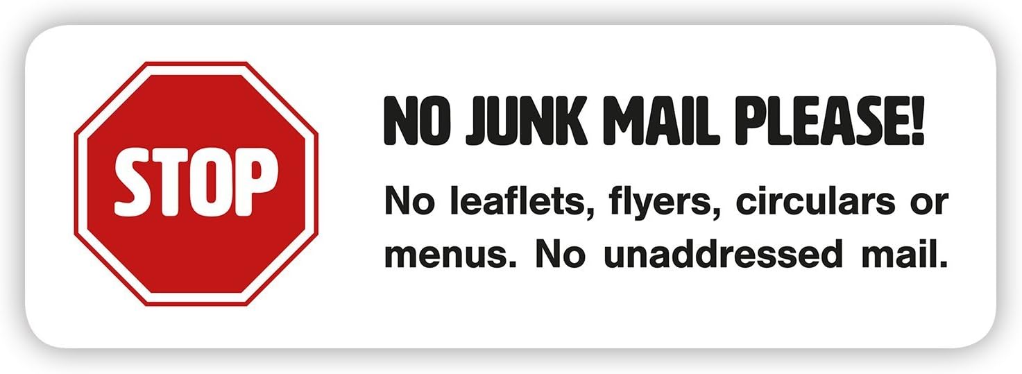 1 x No Junk Mail Sticker - Self-adhesive in White for Letterbox (Small 66 x 22 mm)