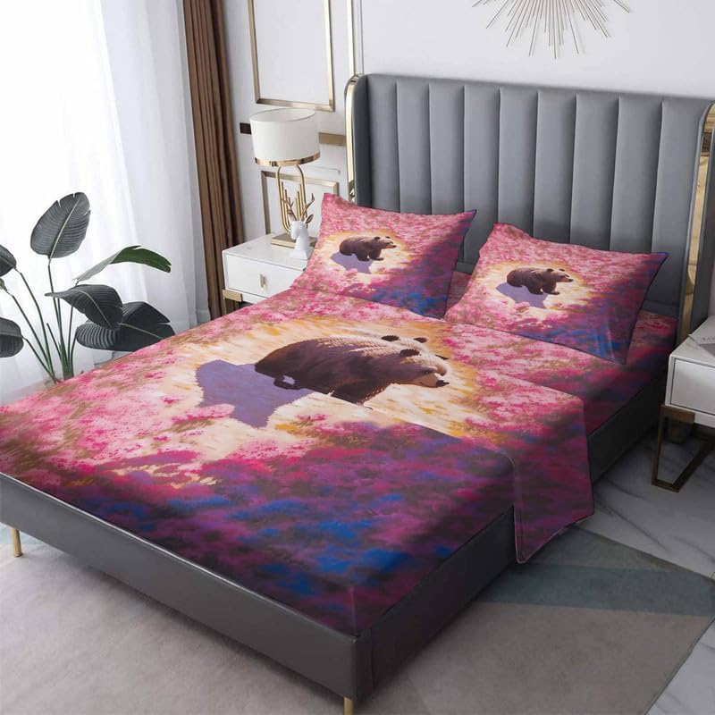 Bear - Juego de sábanas tamaño Queen, diseño de mar de flores, 100% microfibra, bolsillo profundo, incluye 1 sábana encimera, 1 sábana bajera y 2