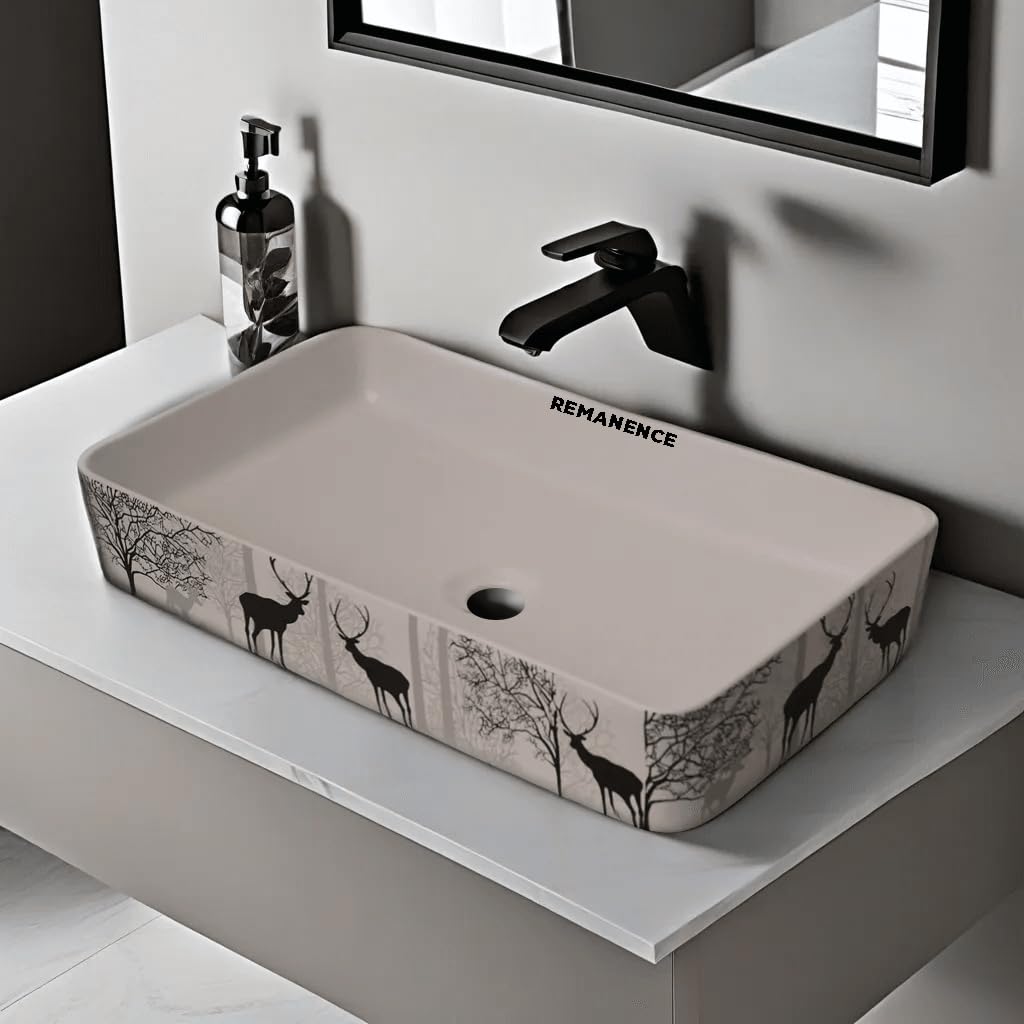 REMANENCEDesigner Table Top Wash Basin For Bathroom | Ceramic Bathroom Sink | Wash Basin Over Counter Bathroom Basin (24 x 14 x 4 Inch) (Animal Print SL 06)