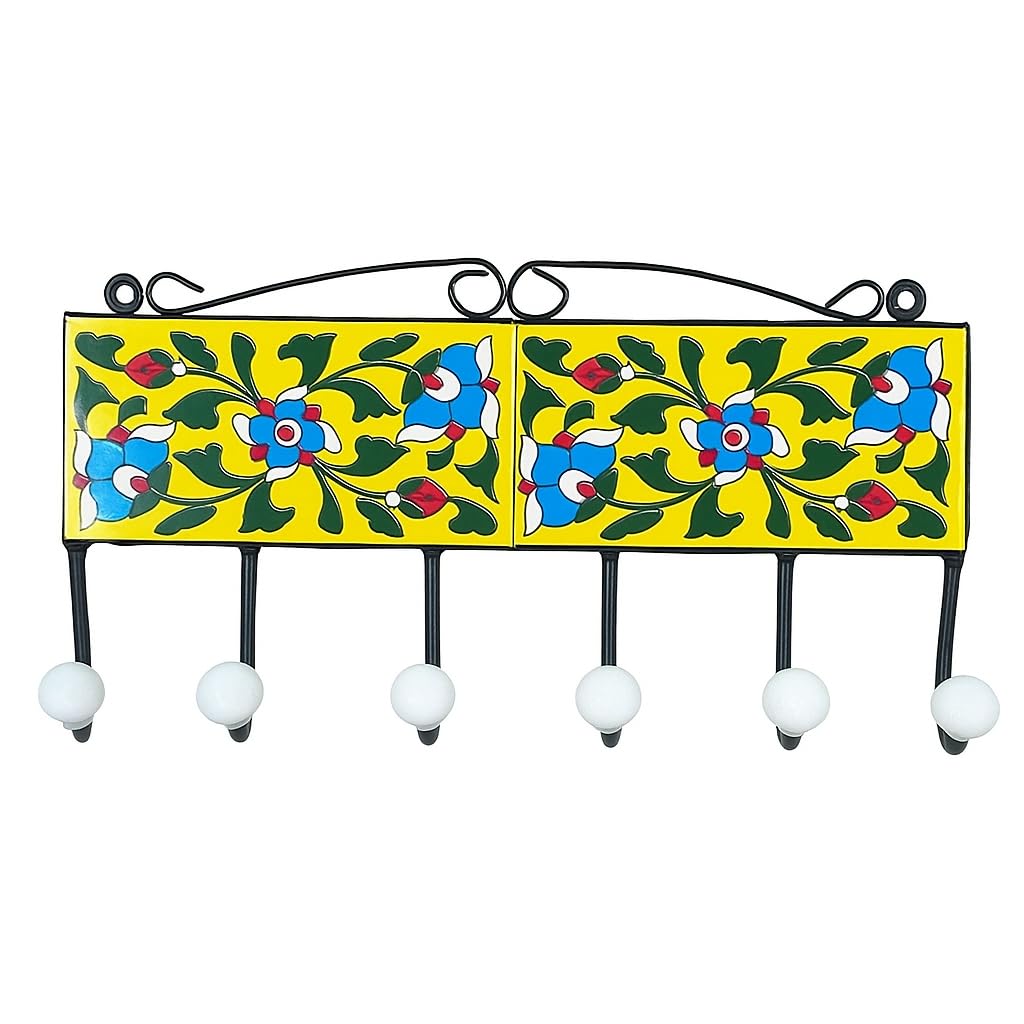 Hand-Painted Floral Ceramic Wall Hook Rack | 6 Hook Hanger for Keys, Coats, Towels | Decorative Indian Tile Art for Home Decorative-image-24