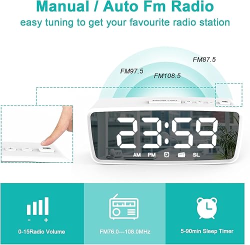 Miniatura 4 de Radios de reloj para dormitorio, reloj despertador digital que funciona con pilas para dormitorio, con radio FM, atenuador, alarma dual, repetición,