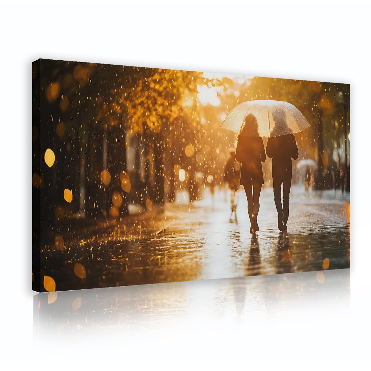 YUNART Jesienne rozciągnięte płótno ścienne do sypialni Romantyczna para spacerująca w deszczu Grafika do salonu Sypialnia dom gotowy do powieszenia 70 x 120 cm Rama wewnętrzna