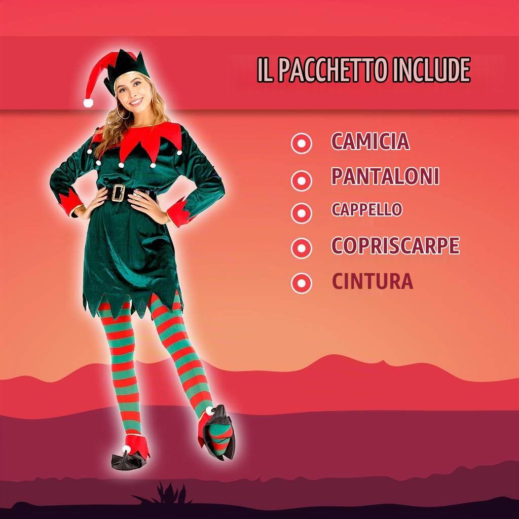 EraSpooky Costume da Elfo Natalizio da Donna Cappello Fantasia Calza Copriscarpe Cintura Divertente Vestito da Festa per Adulto