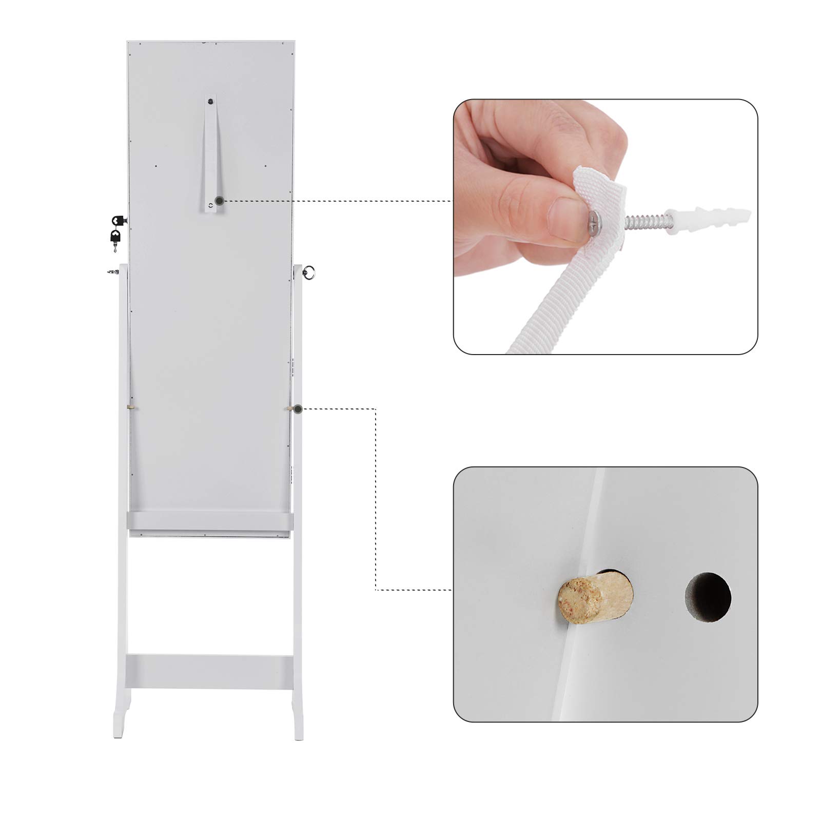 SONGMICS Armadio Portagioie con Luce a LED, Specchiera, Armadietto per Gioielli Bloccabile con Chiavi, 2 Cassetti, Bianco JBC94W