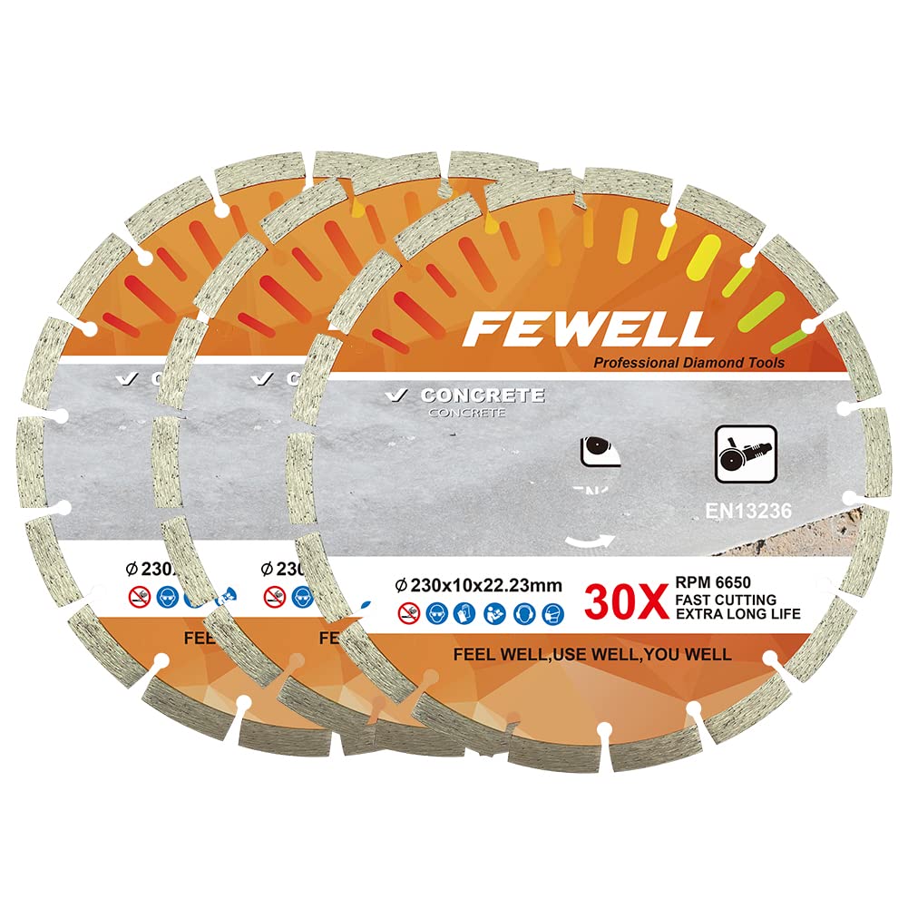 FEWELL 9 Inch Diamond Blade, Segmented General Purpose Blade Dry/Wet Cutting Concrete, Masonry, Brick, Block，Stone (3 Packs)