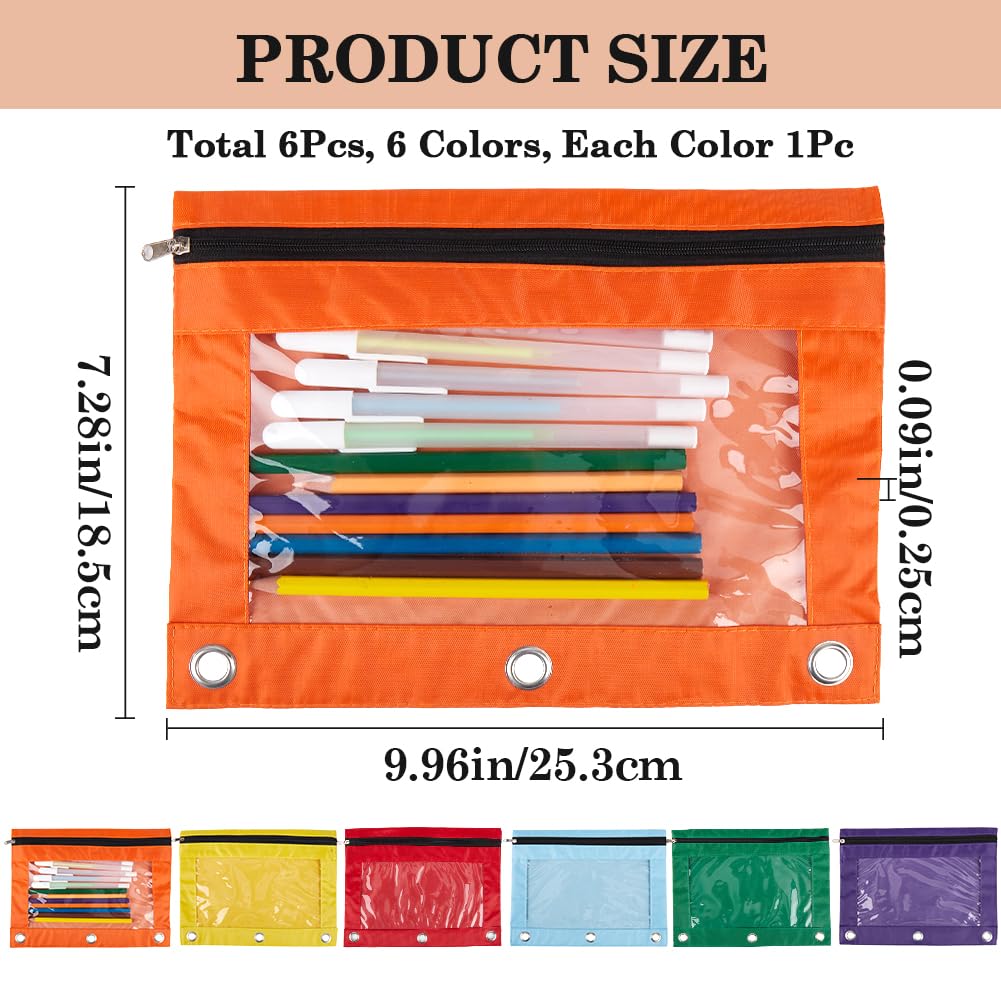 CRASPIRE 6Pcs 6 Colors Zippered Pencil Pouches Mixed Color for 3 Ring Oxford Cloth Pen Bags Cases Pouch Box Cosmetic Bags with Clear Window for Pencil Storing School Teacher Supplies Stationery - Image 2