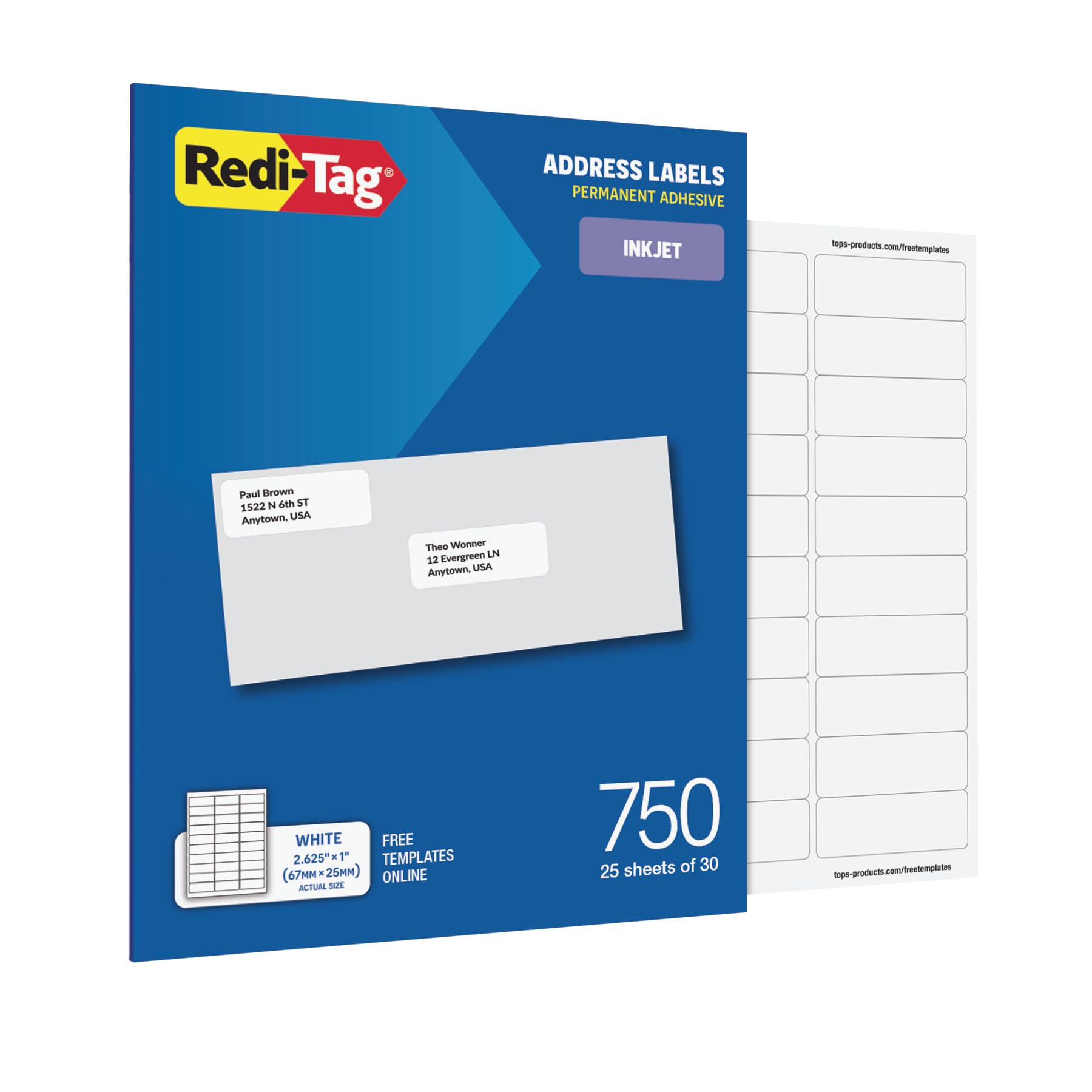 Redi-Tag Etiquetas de dirección, 750 en blanco (25 hojas de 30), 1 x 2.65 pulgadas, solo para impresoras de inyección de tinta, plantillas en línea gratuitas (1009571)