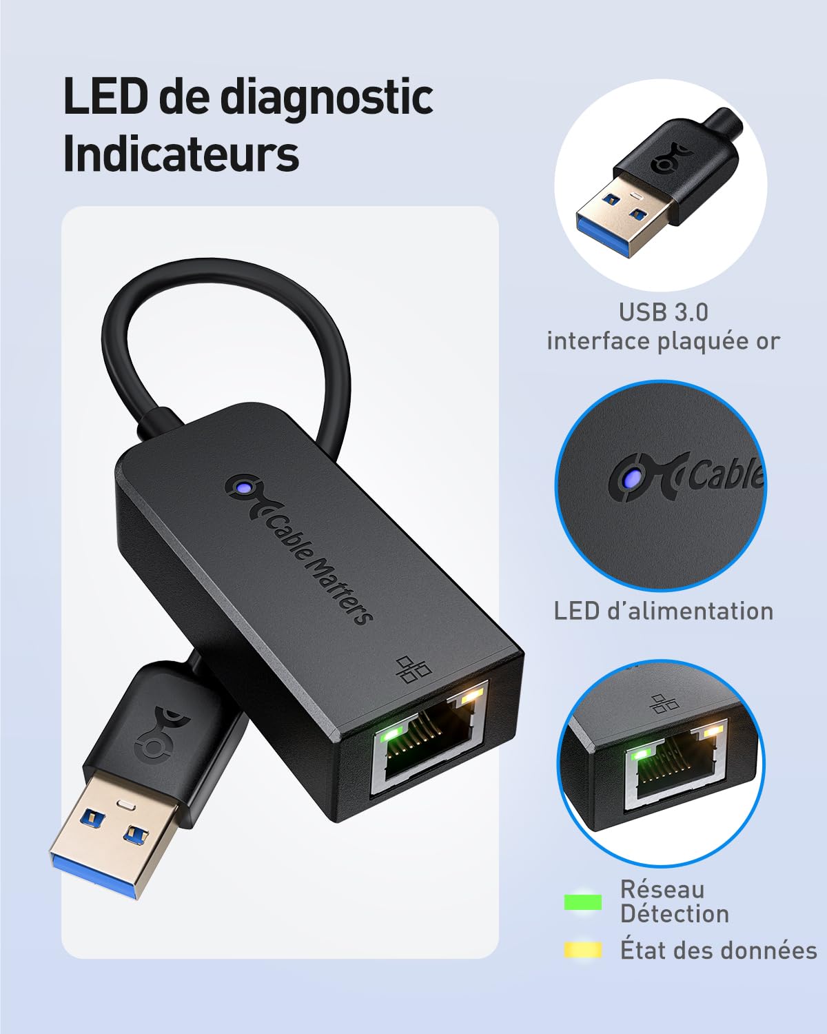 Cable Matters Lot de 2 Adaptateurs USB 3.0 vers Gigabit Ethernet, Noir | 10/100/1000 Mbps LAN, Plug et Play, USB réseau adaptateur, PXE MAC Address Clone, ordinateur portable