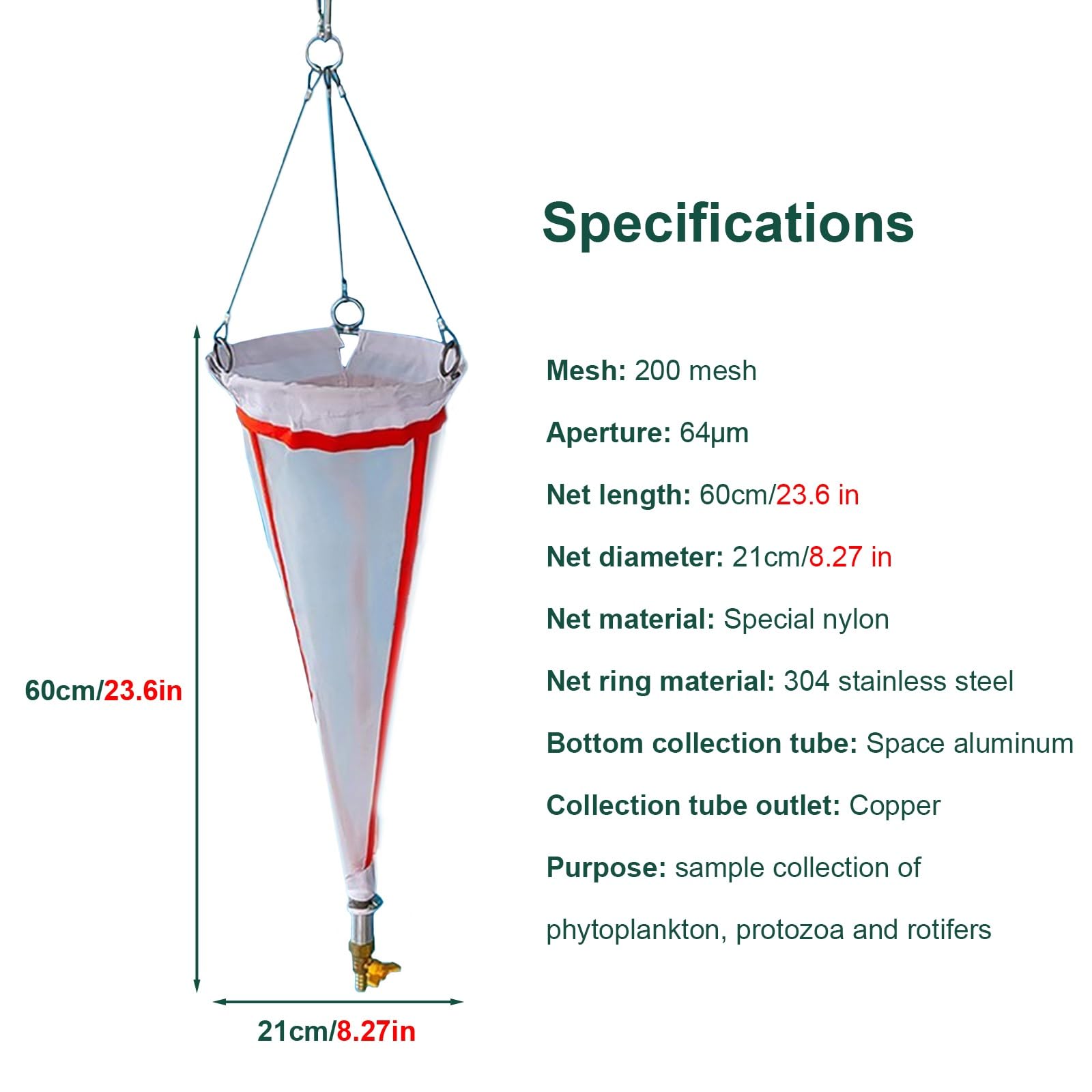 Muestreadores de laboratorio Red Para Recolección de Plancton con Varilla Telescópica Metálica, Apertura de 64μm Portátil Redes para Fitoplancton para Estanques / Océanos / Lagos / Ríos Muestreo(300cm
