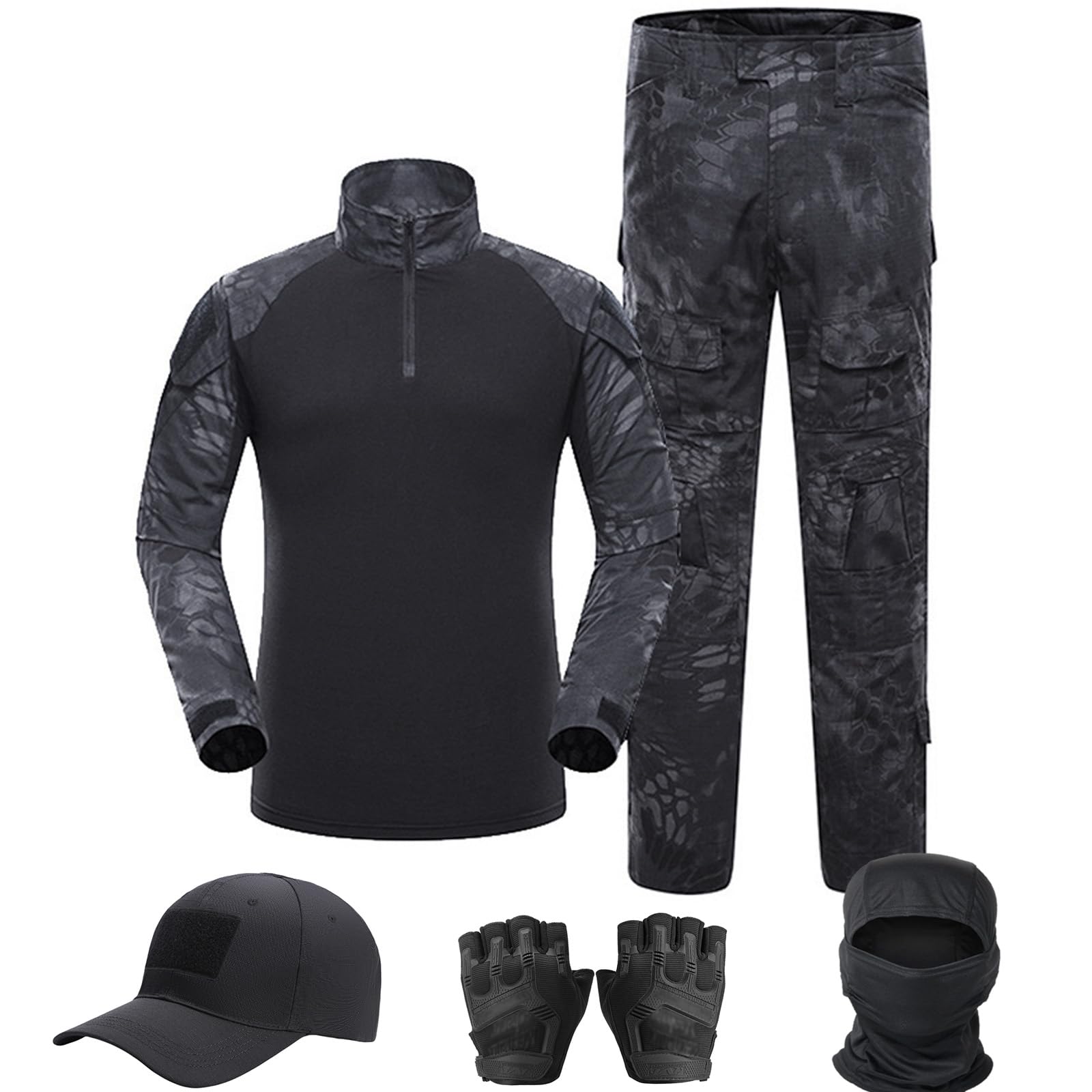 Tactical Suit,Combat Pants and Shirt,Cap Gloves Balaclava Set,Black Camo Uniform Men's Military Airsoft Gear Medium Suits-typ