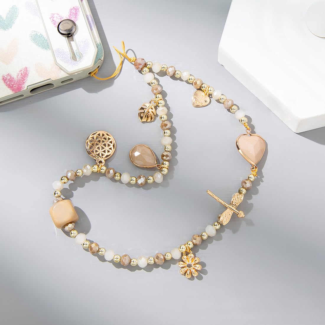 Cordon de téléphone Portable avec Bijou et dragonne en Cristal Beige Anti-Perte - étui Pendentif chaîne, 1 pièce.