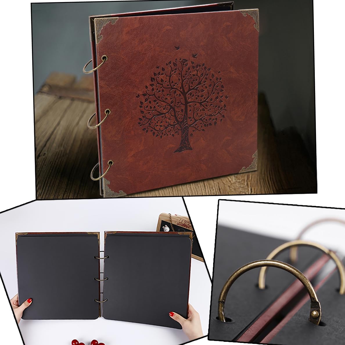 Photo Album Scrapbook, 12x12 inch 50 Pages Vintage Leather Cover Big Three-Ring Binder Family Picture Booth DIY Scrapbooking Albums with 408pcs Self Adhesive Photos Corner for Memory Keep, Tree - Image 2
