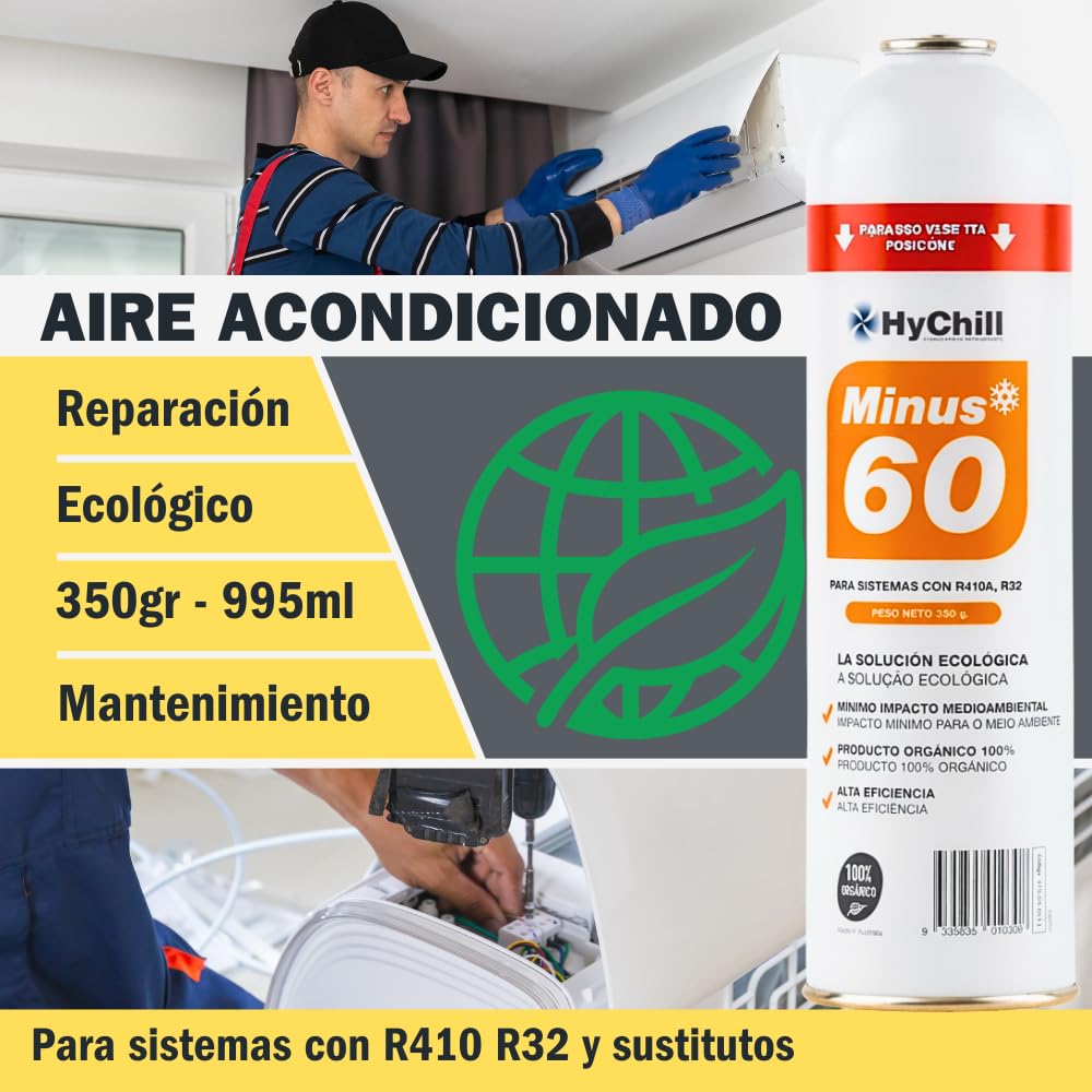HyChill Minus 60 Refrigerante Técnico Orgánico - Envase Desechable 995 ml - 350gr Carga Neta - Uso Profesional - para Aplicaciones de climatización y refrigeración (2 ENVASES + Llave)