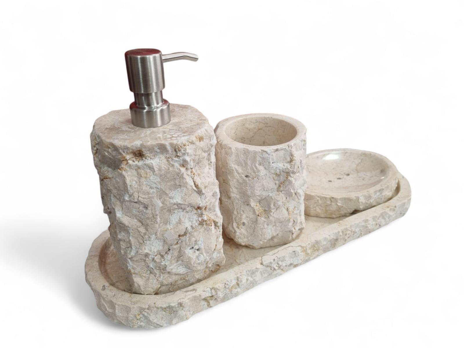 Juego de baño de mármol: vaso para cepillos de dientes, dispensador de jabón, jabonera, bandeja para su oasis de bienestar en piedra natural beige