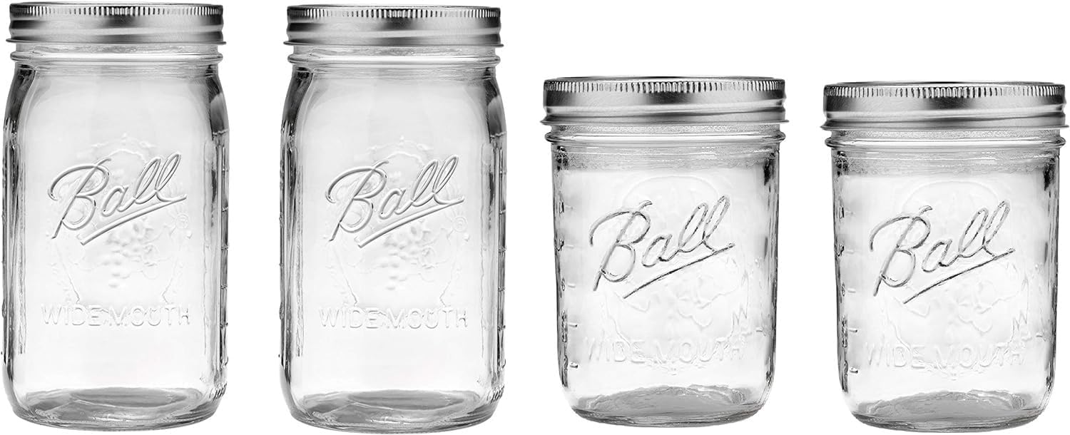 Ball Mason Wide Mouth Jars Set of 4 with Lids & Bands - 2x 32oz + 2x 16oz, Made in USA for Canning & Storage