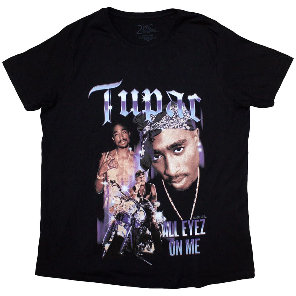 Tupac Shakur Women's Black Tupac T Shirt 2Pac All Eyez Blue Homage Logo Official Skinny Fit Xxl