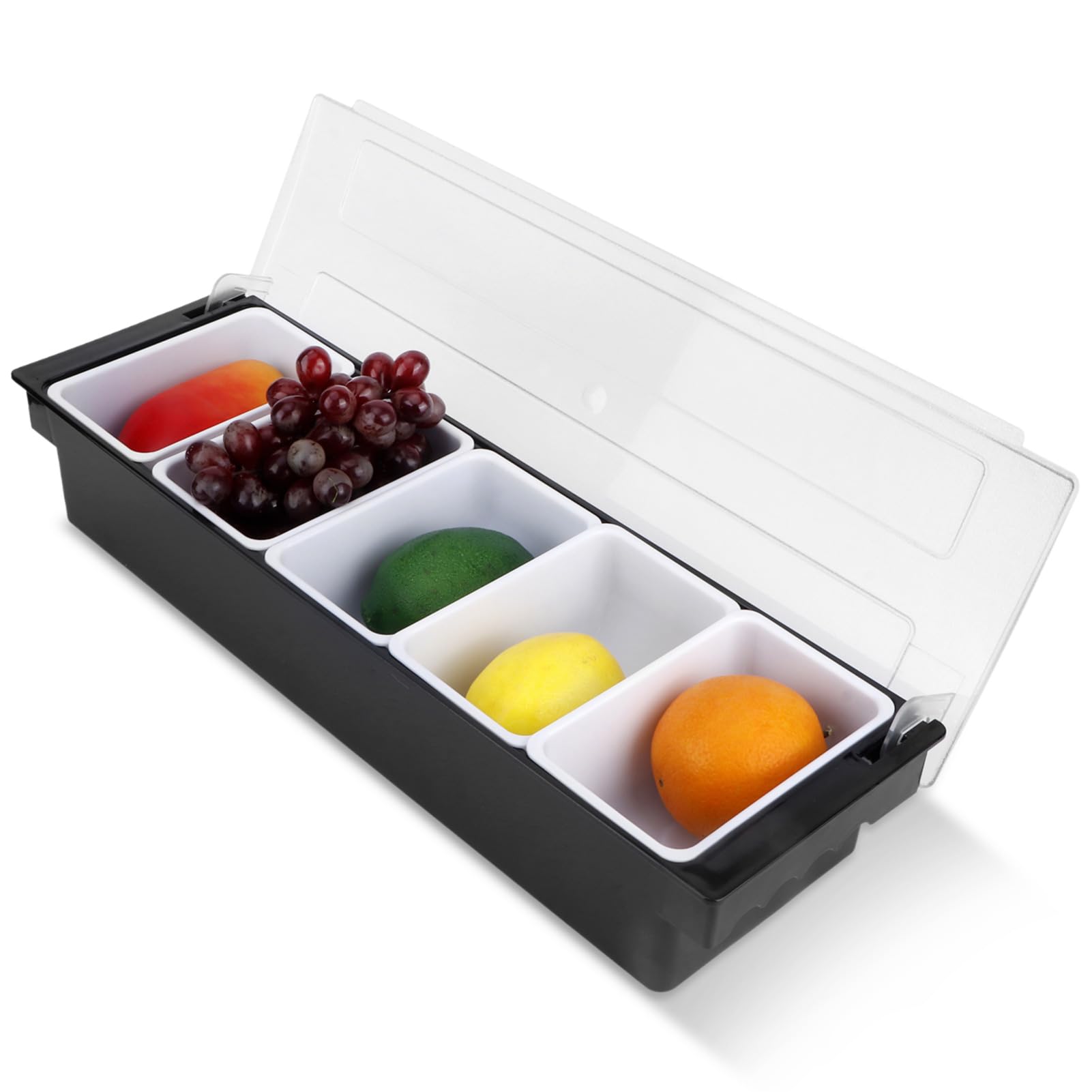 Distributeur de Condiments en Plastique, Plateau de Fruits, Garniture et Condiments 5 Compartment avec Couvercle pour Servir la Barre de Taco/Crème Glacée/Fruits/Salade