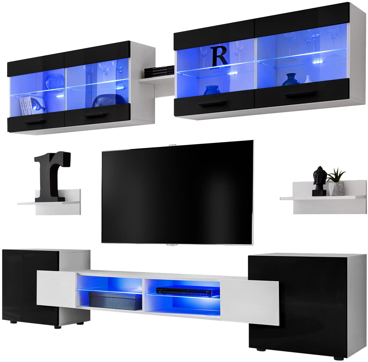 Komodee Wohnwand TV Foggia A1 Schwarz/Weiß 230x195x35 cm