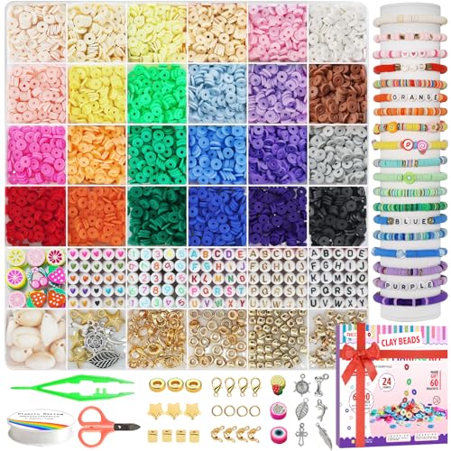 Image of Redtwo 6800 Pcs Clay Beads Bracelet Making Kit, Flat Preppy Beads for Friendship Bracelets, Polymer Clay Bead with Charms for Jewelry Making, Crafts Gifts for Girls Ages 6-12