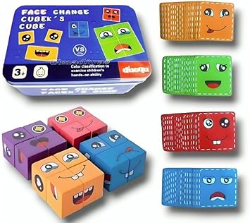 Umadiya® Face Changing Cube Building Blocks Puzzle, Wooden Face Expression Toy, Educational Face Matching Family Board Game for Kids (16 Wooden Puzzles and 72 Cards) (with Metal Box) - image, photos