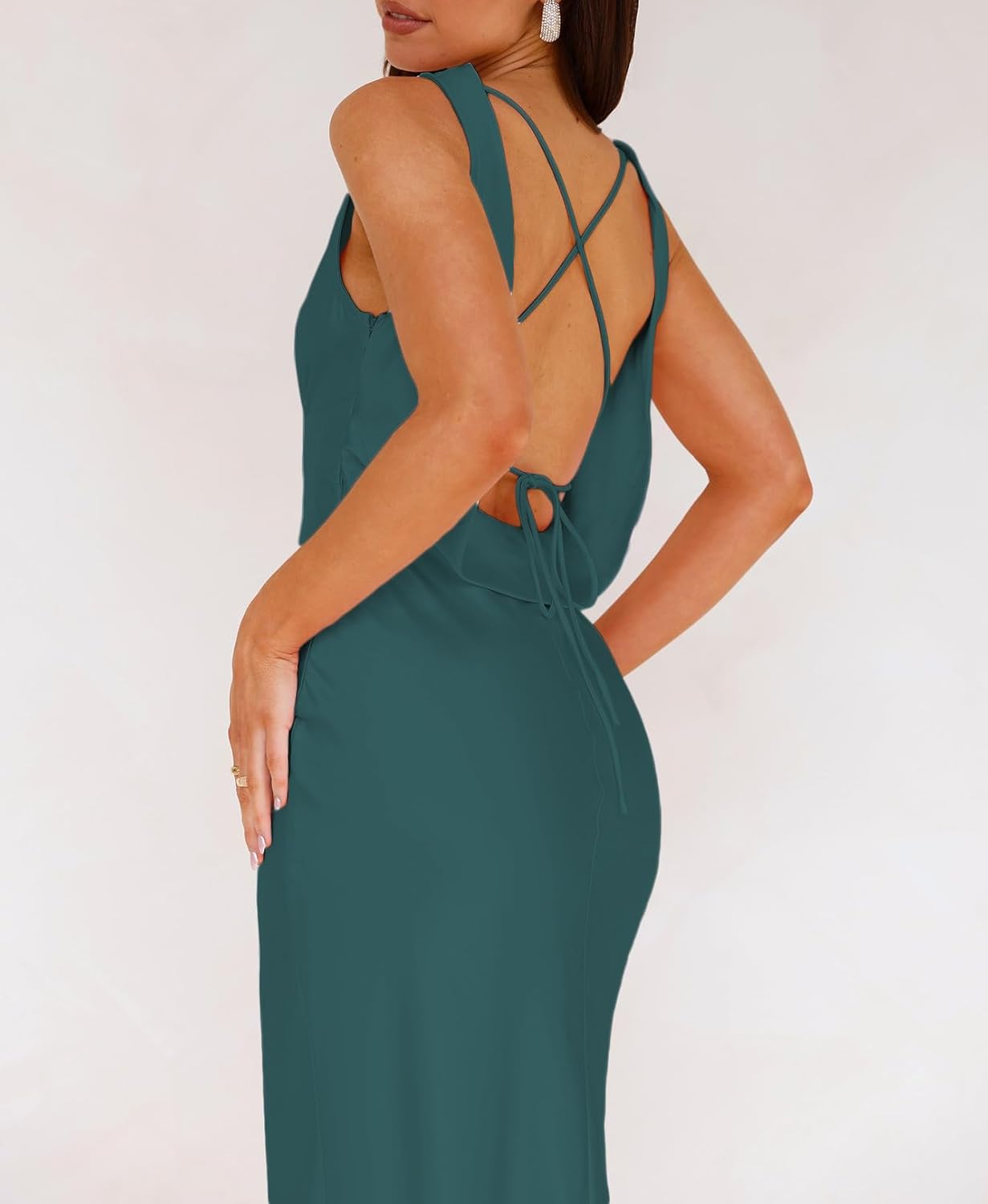 Satin Cowl Neck Sleeveless Backless Elegant Wedding Guest Maxi Dresses for Women Silk Open Tie Back Formal Cocktail Dresses - Image 4
