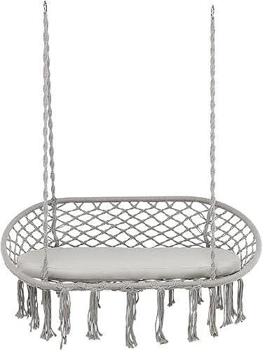 Giantex Silla hamaca de 2 asientos, columpio de macramé con cojín, cuerdas de algodón colgantes, marco de metal, silla colgante con capacidad de 330