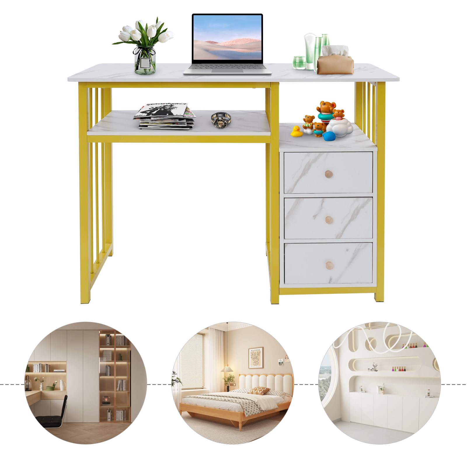 Mesa de manicura profesional blanca dorada, escritorio de uñas con 3 cajones y estante, mesa de trabajo estética de mármol, 100 cm, muebles de salón belleza, tocador, almacenamiento para barnices y