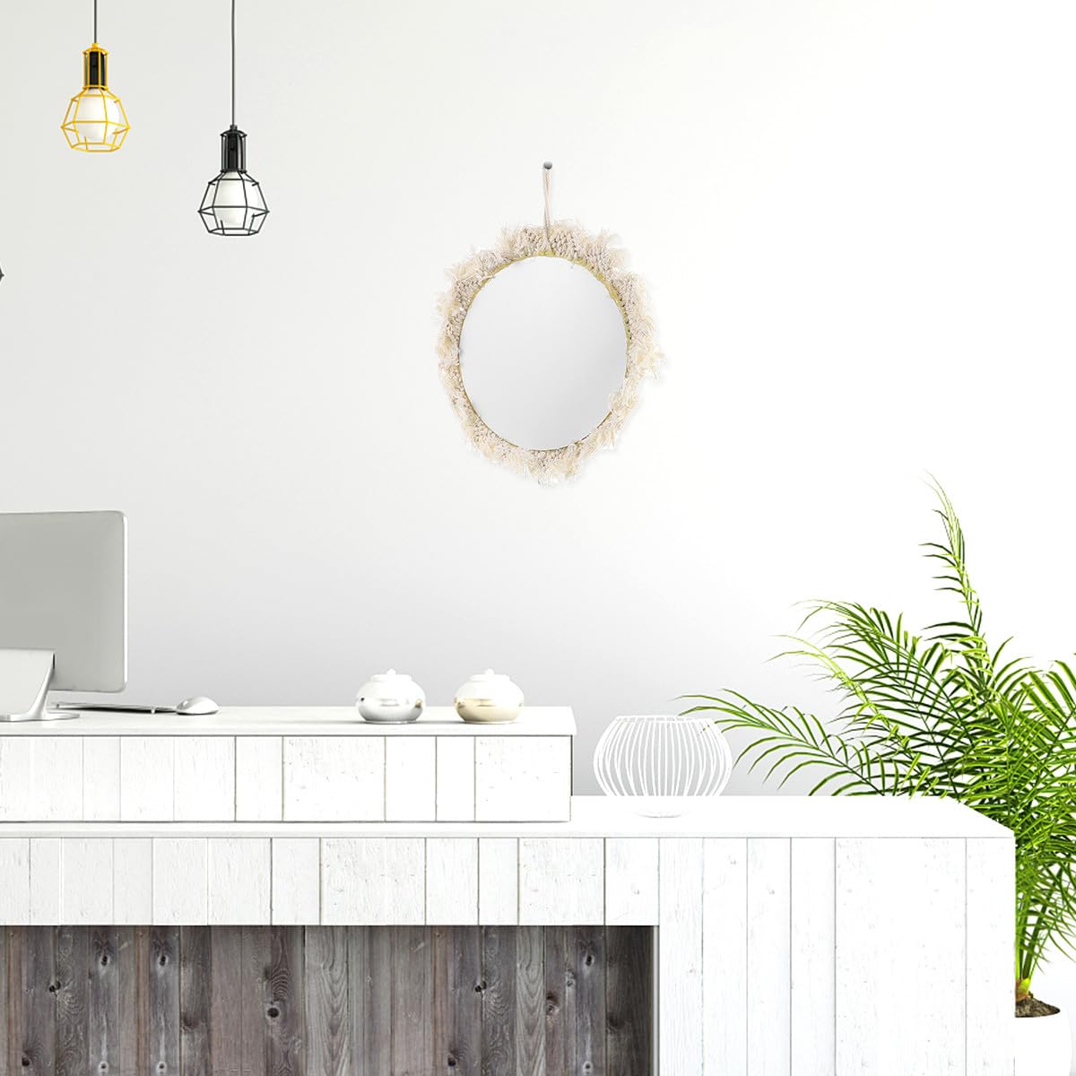 TOYANDONA Runder Beige Wandspiegel Dekorativer und Baumwolle Acryl Design Kreativer Schminkspiegel Wandteppichspiegel mit Praktischem für Schlafzimmer und Wohnzimmer