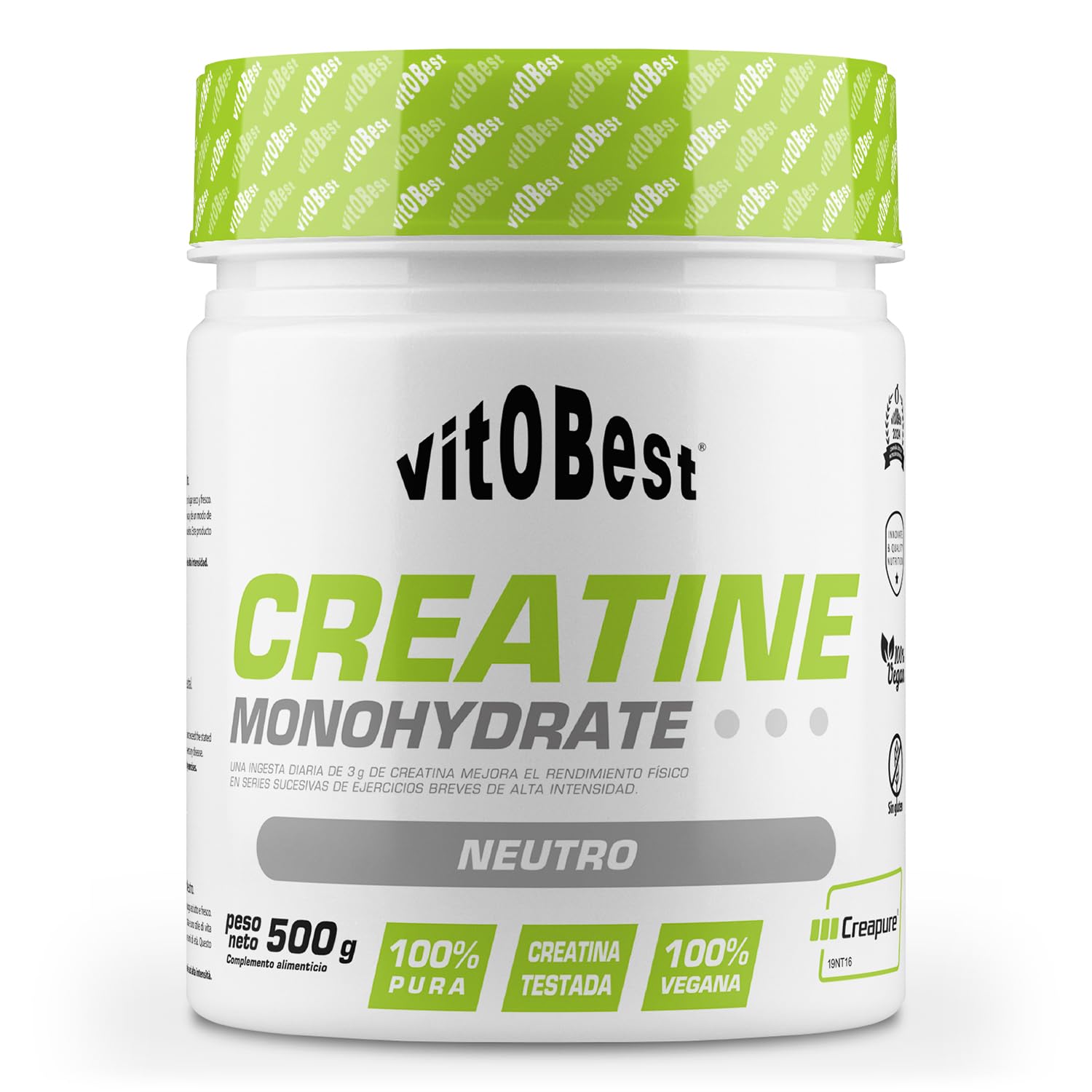 VITOBEST | Creatina Monohidrato (Creapure®) | Una ingesta diaria de 3 g mejora el rendimiento en series sucesivas de ejercicios breves de alta intensidad | Sabor Neutro - 500 g