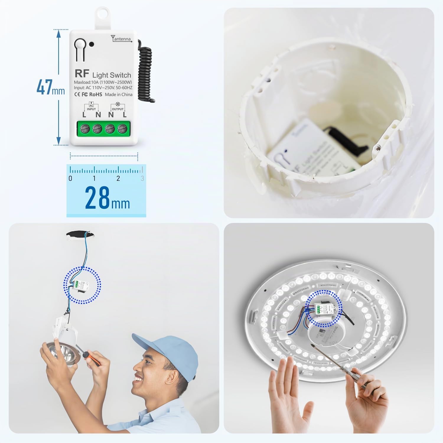 Interruptor De Luz Inalámbricas Autoalimentado, Tedeligo Sin Batería Interruptor A Prueba De Agua 220V 10A Relé Transmisor De Radio Rango De Control De 50M Para Iluminación De Lámpara (1 a 1)