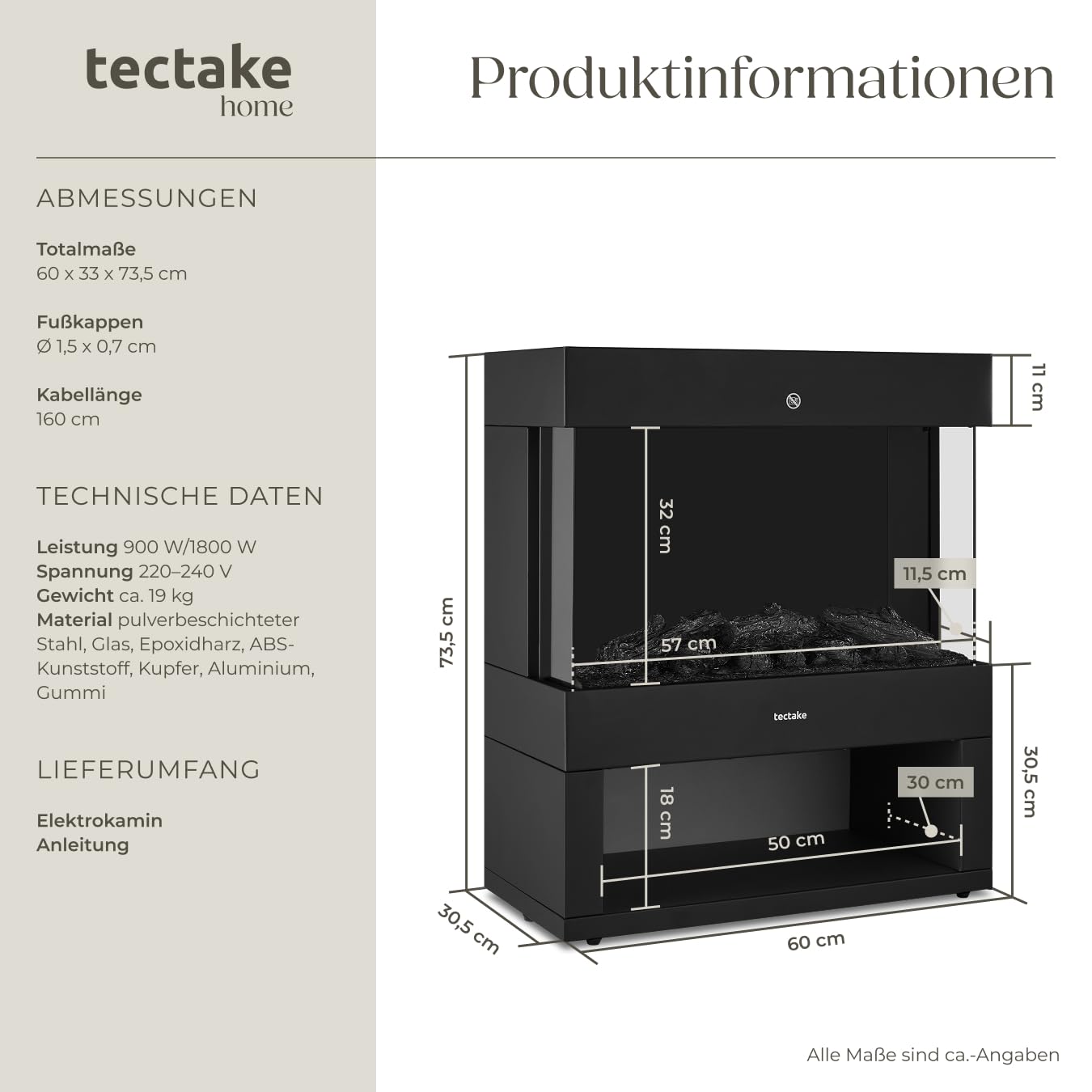tectake® Elektrokamin mit 2 Heizstufen 900W/1800W, elektrischer Kamin mit 3D-Flammeneffekt, Glut und Holz, Kaminfeuer, Elektro Kamin Deko mit Thermostat, Kippschutz und Überhitzungsschutz, schwarz