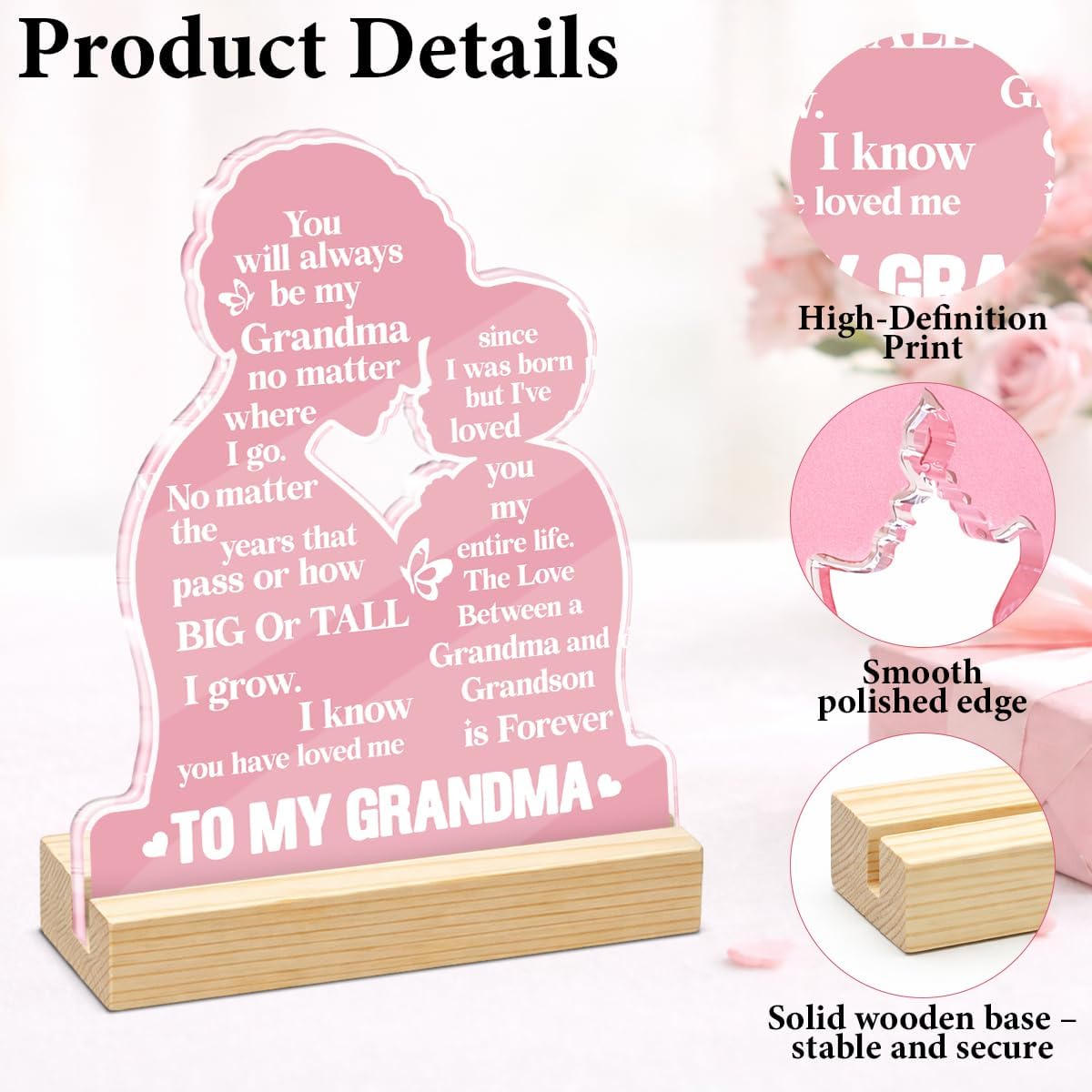 Grandma Gifts from Grandson, Mothers Day Birthday Gifts for Grandma Nana, To My Grandmother Sign Acrylic Keepsake Home Decor 4 x 5 Inch - Image 3