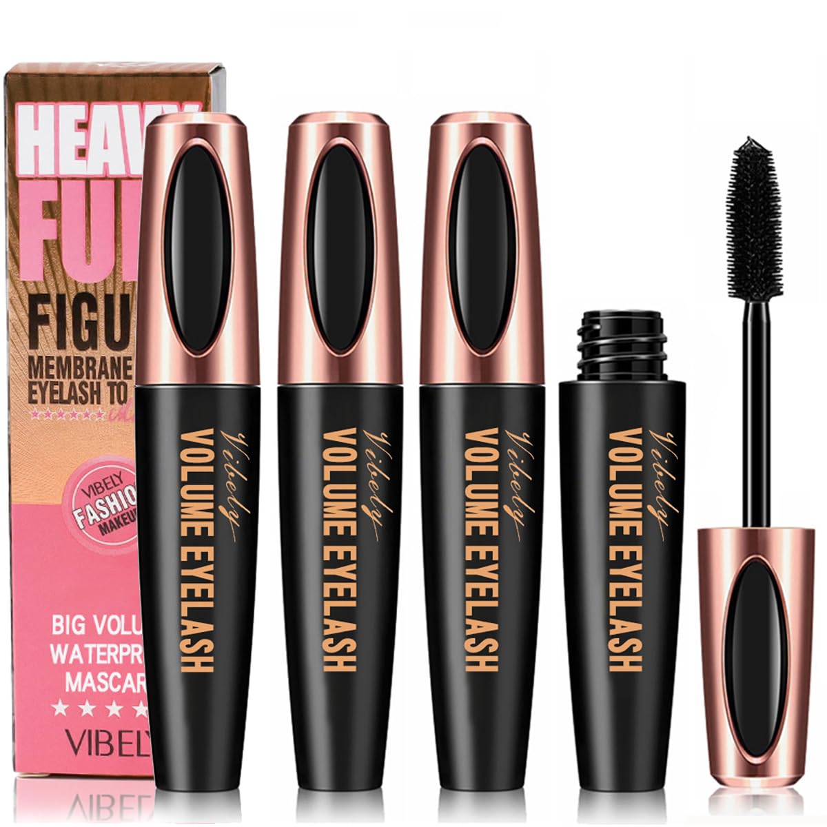 FYEBOO 4D Silk Fiber Lash Mascara Extension Voluminous Fiber Mascara Waterproof & Smudge-Proof Mascara Long-Lasting No Flaking Natural No Clumping (3 Packs)