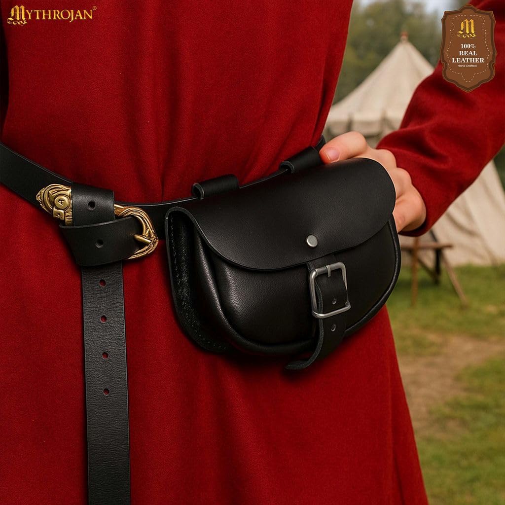 Mythrojan Handmade Medieval Leather Belt Bumbag Pouch Purse for Weekend Events and Festivals - Black