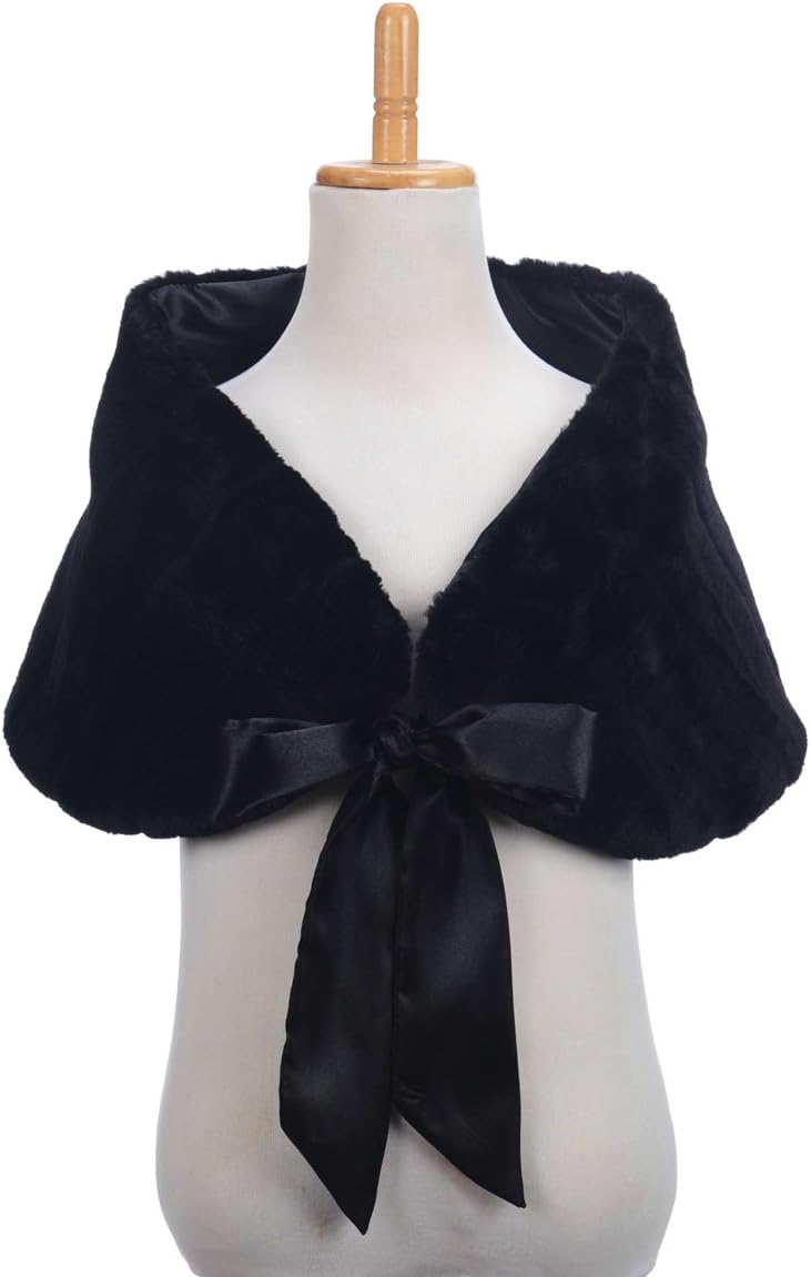 Topwedding Little Girl Faux Fur Shawl Stole Wedding Party Wrap for KID, Black, L