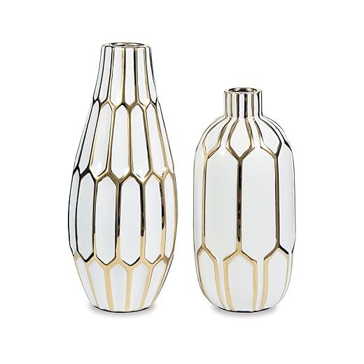Signature Design by Ashley Mohsen Honeycomb Ceramic 2 Piece Bottle Neck Vase Set, White & Gold