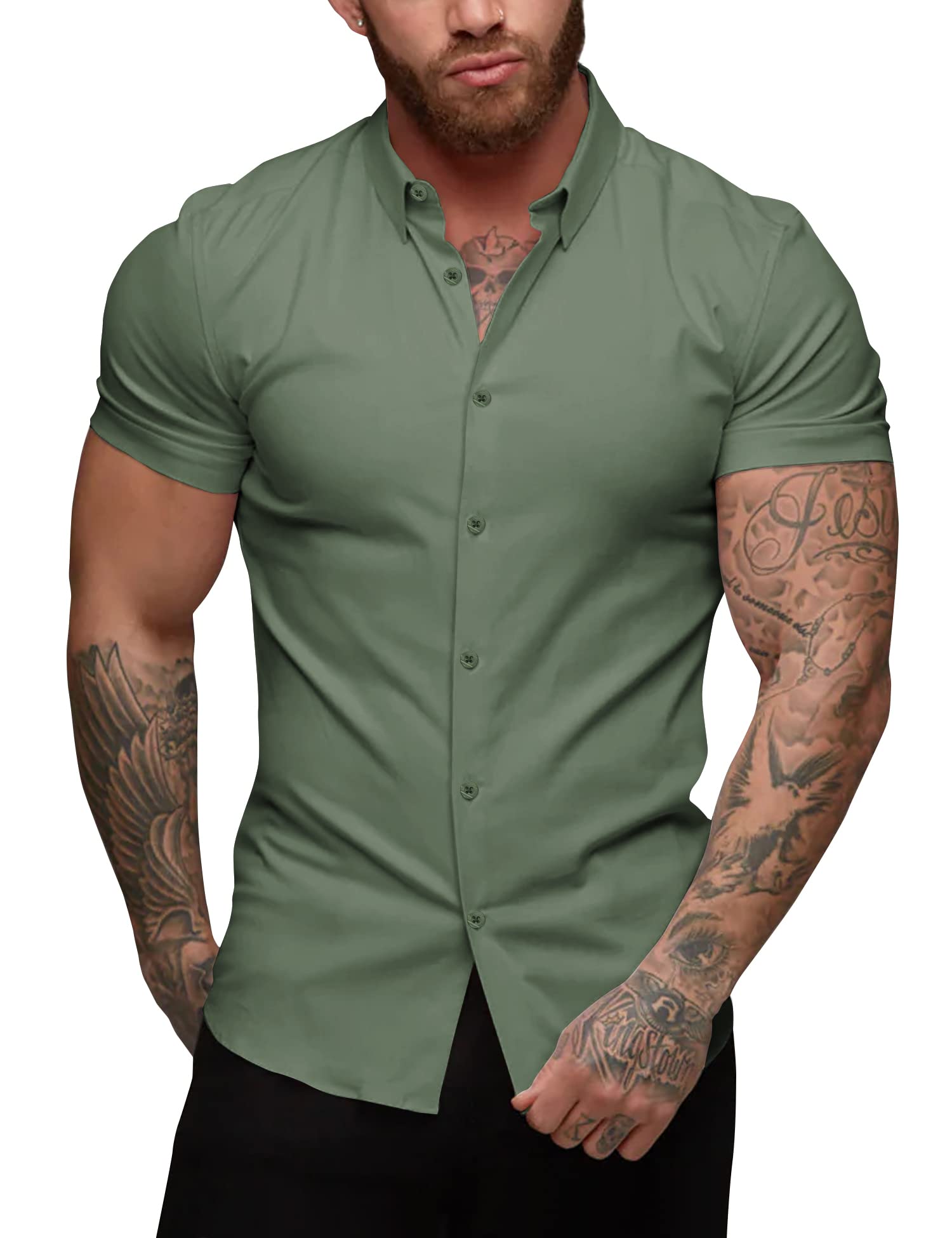 URRU Mens Muscle Dress Shirts Slim Fit Stretch Short Sleeve Casual Button Down Shirts for Men