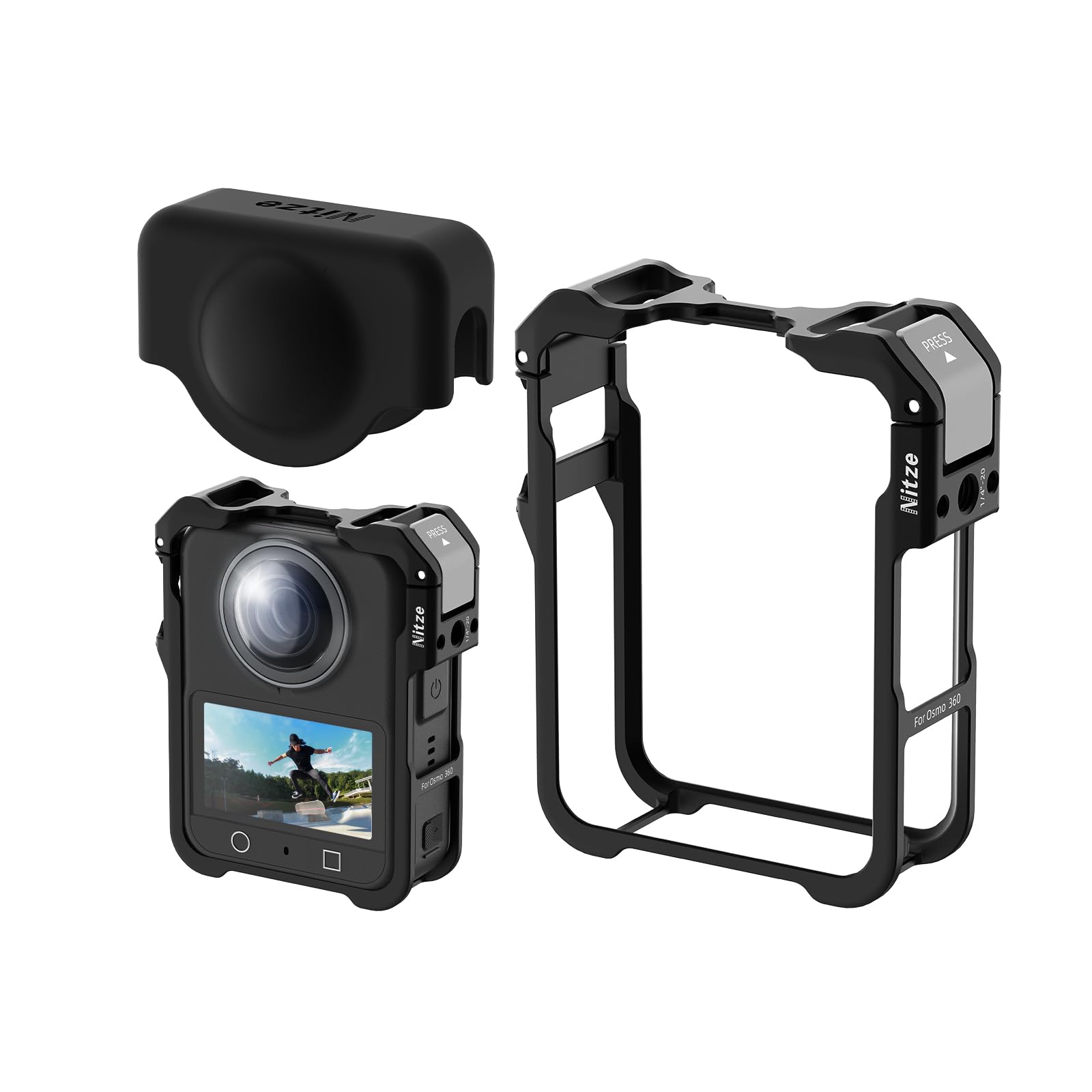 Nitze Kamerakäfig für DJI Osmo 360, Metall Osmo 360 Cage mit Integriertem Blitzschuh, Silikon-Objektivdeckel – T-D06B