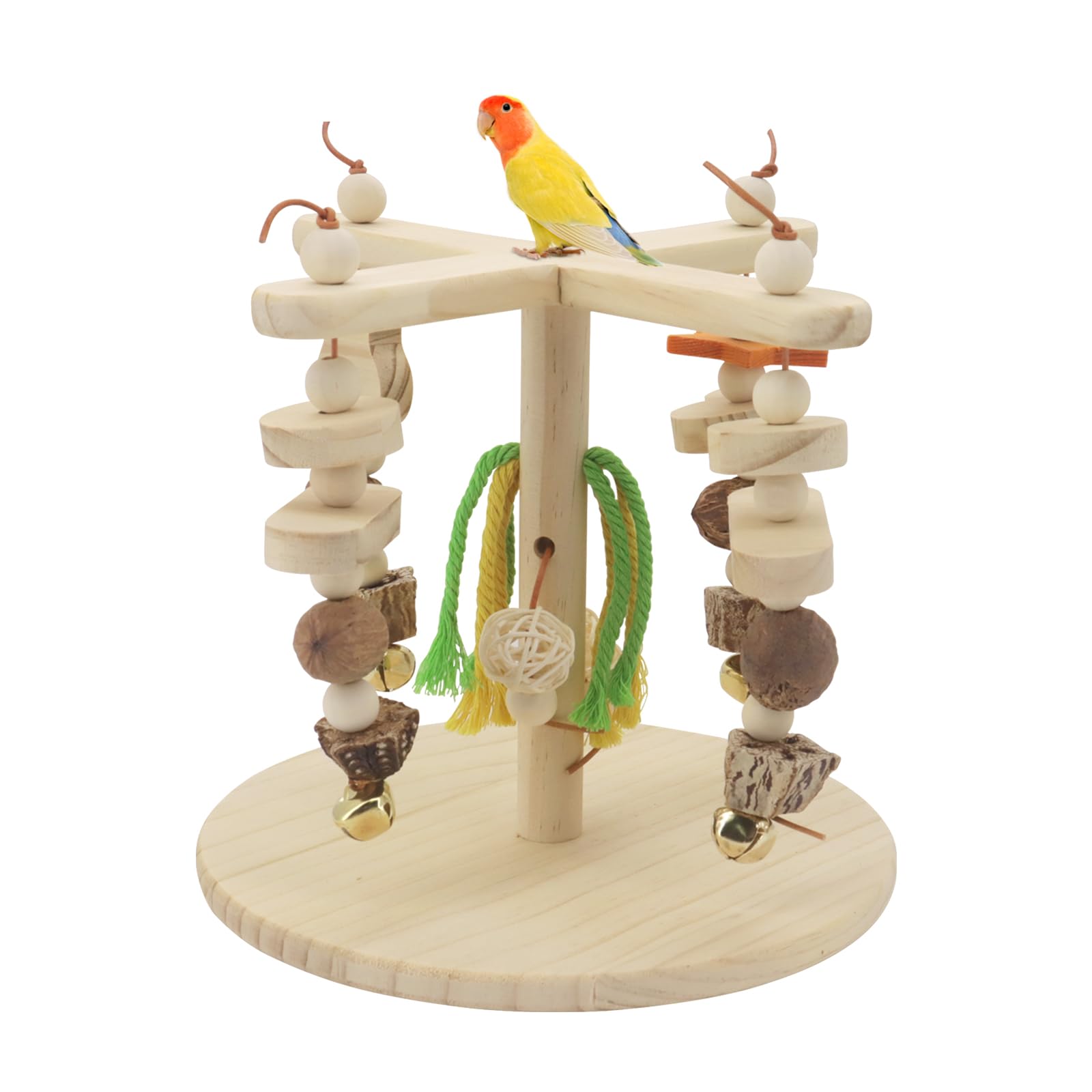 MoYouno Parrot Toys Bird Toys,Interactive Wooden Parrot Stand Cage Accessory,Rotating Perch Toy,Fun Exercise Toy,for Small and Medium Birds (Bird Play Stand 1)