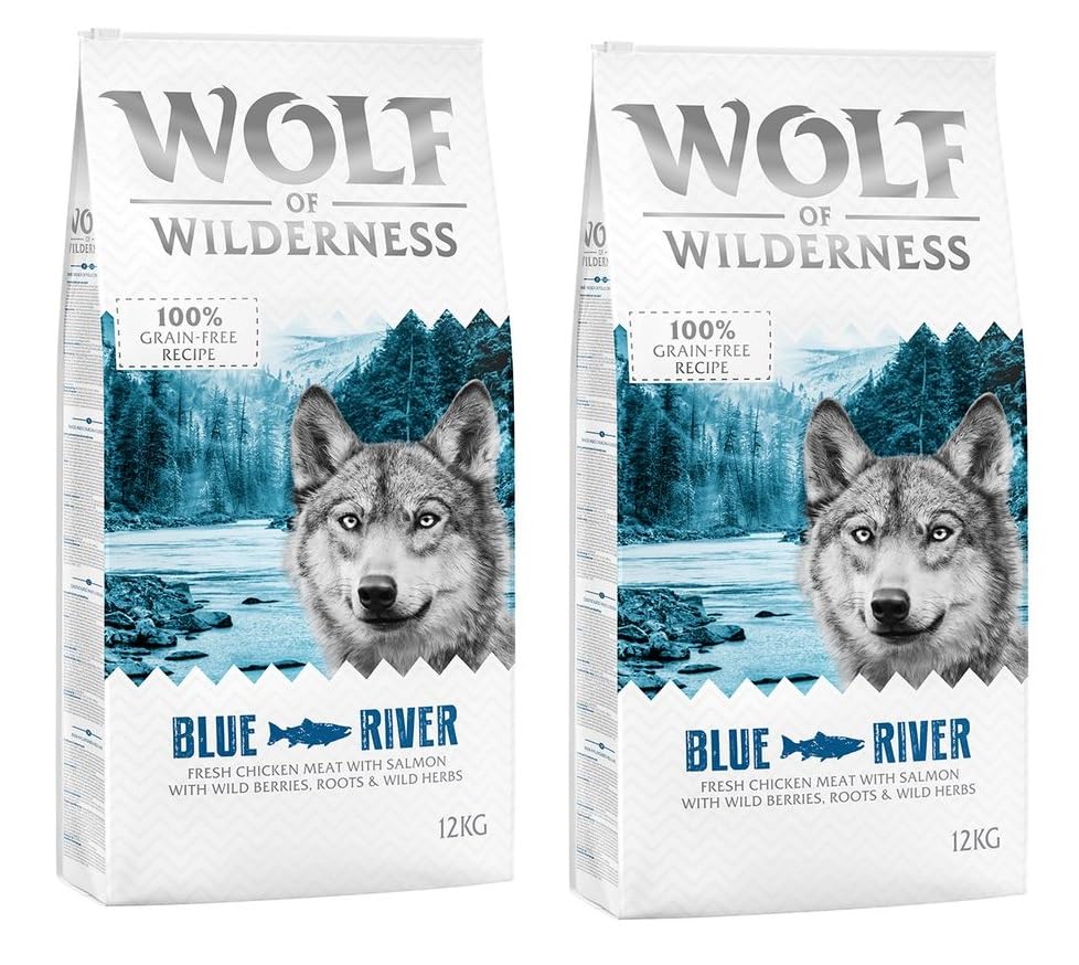 Wolf of Wilderness Adult Blue River, reich an Omega 3 Fettsäuren, enthält 61% reines Fleisch, niedriger Kohlenhydratgehalt – Lachs (2 x 12 kg)