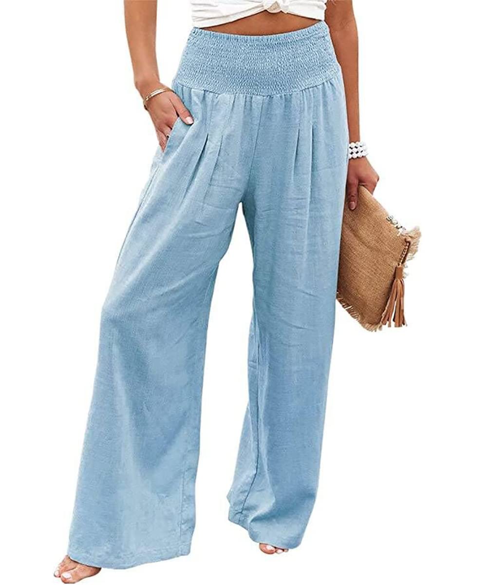 Womens Cotton Linen Pants Wide Leg High Waist Long Palazzo Trousers with Pocket