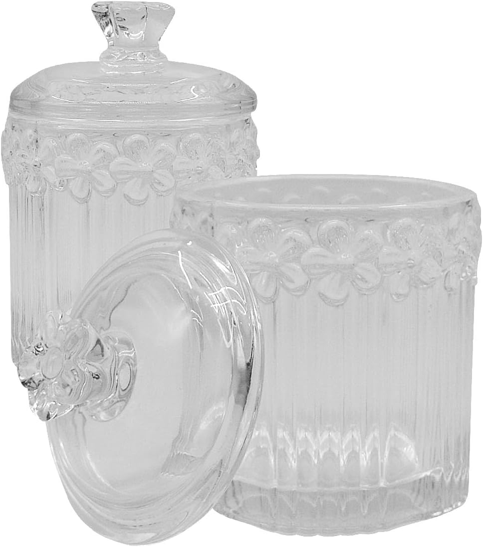 2 Pack Glass Apothecary Jars with Lids, Clear Bathroom Canisters for Qtips, Cotton Balls, Floss Picks, Vanity Storage Organizers (Pink)
