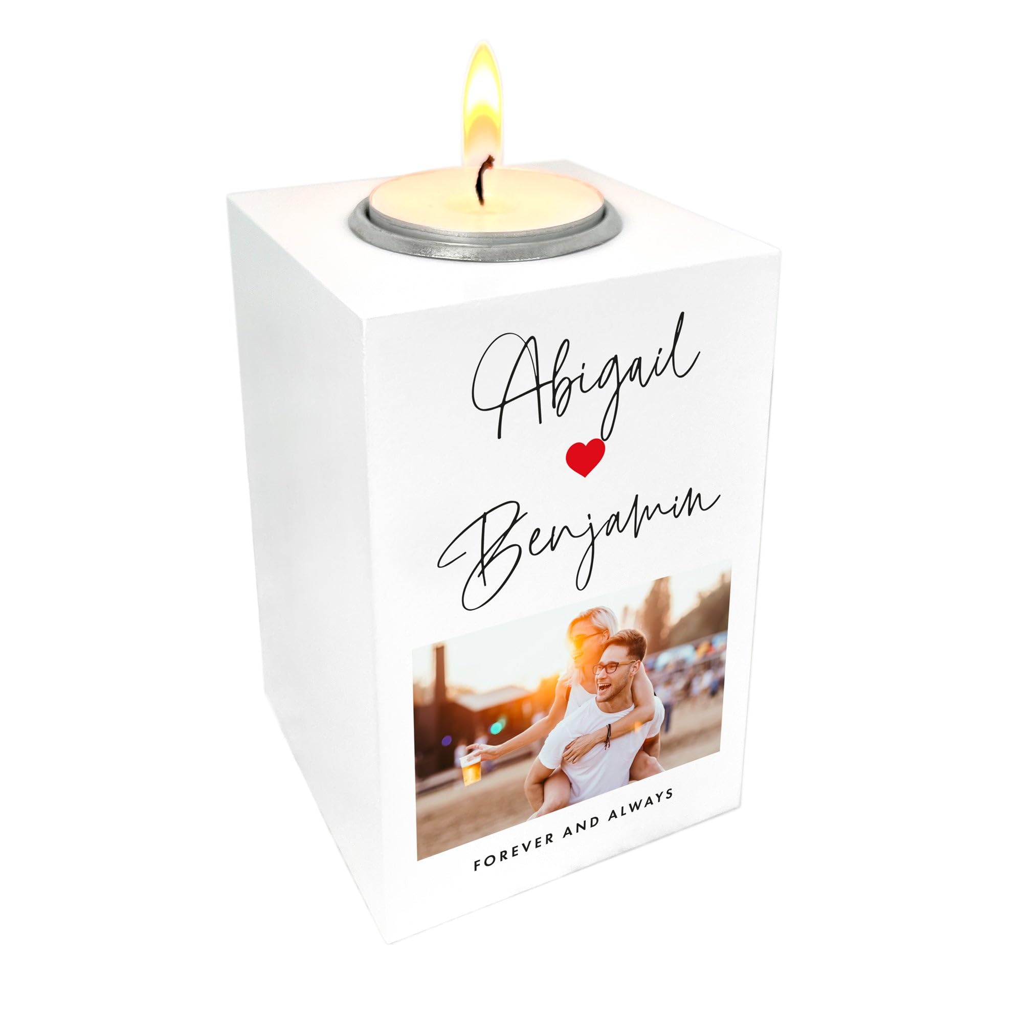 Personalised Couples Names Heart White Tea Light Holder - Custom Message | Anniversary, Wedding, Valentine's Gift | W7cm x D7cm x H10cm