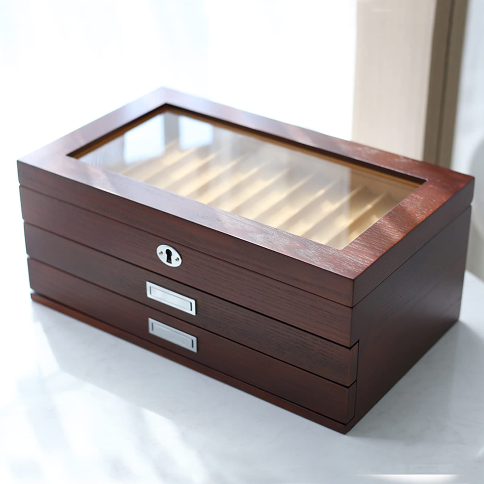 Espositore per penne in legno, elegante contenitore per collezionisti di penne stilografiche con finestra in vetro e cassetti, organizer a 3 livelli per scrivania da ufficio e articoli per la