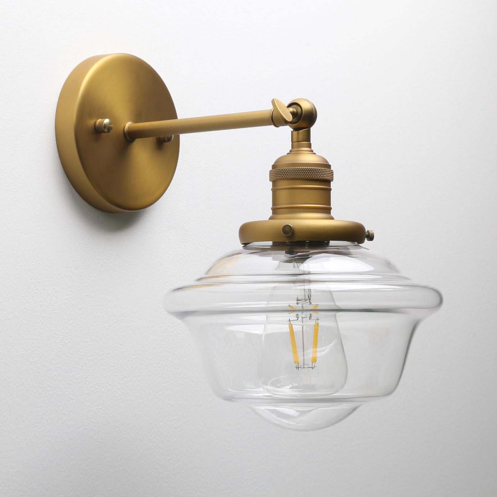 Pathson 1-Lumière Applique Murale, Luminaire Mural Industriel, E27 Lampe Murale Abat-jour en Verre Transparent pour Salle de bain, Miroir de Courtoisie, Chambre à Coucher, Cuisine (Laiton Antique)