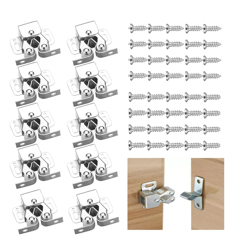 Crozgan Silver 10Pcs Double Roller Catch Door Catches,Cupboard Cabinet Door Latch,Cupboard Closet Cabinet Doors Latches With 40 Screws For Cupboards Closet Home Cabinet Furniture