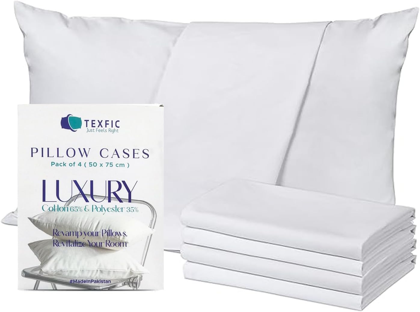 Texliv Pillow cases 4 Pack- 200 Thread Count White Cotton Pillow Cases with Envelope Enclosure- Breathable & Hotel Quality Premium Pillowcases (50 x 75 cm)
